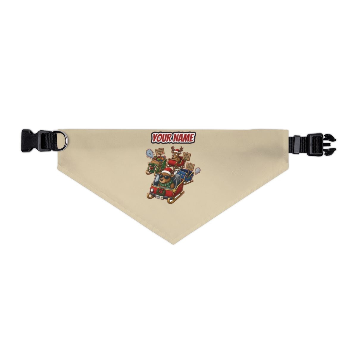 Sleigh Bells and Gridlock personalised Christmas pet bandana in beige, collar with buckle
