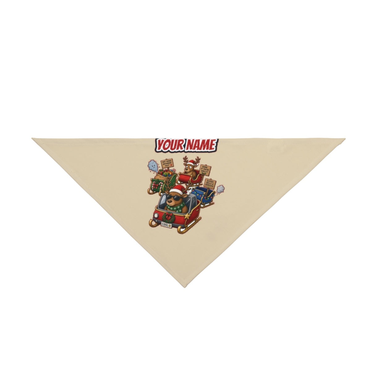 Sleigh Bells and Gridlock personalised Christmas pet bandana in beige, tie-on style