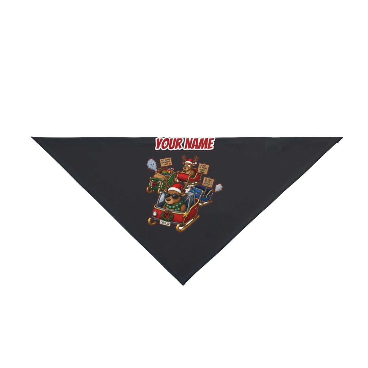 Sleigh Bells and Gridlock personalised Christmas pet bandana in black, tie-on style