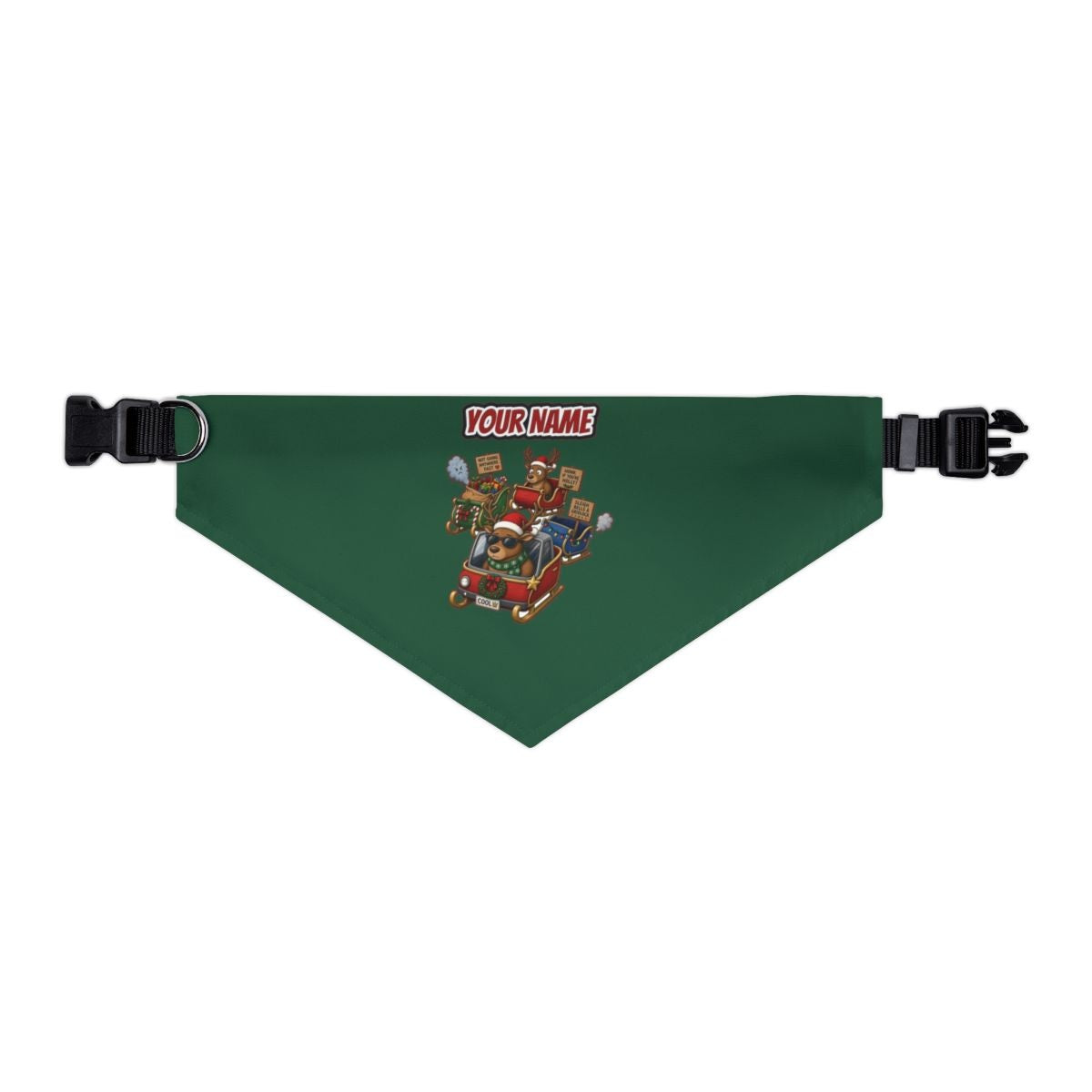 Sleigh Bells and Gridlock personalised Christmas pet bandana in green, collar with buckle
