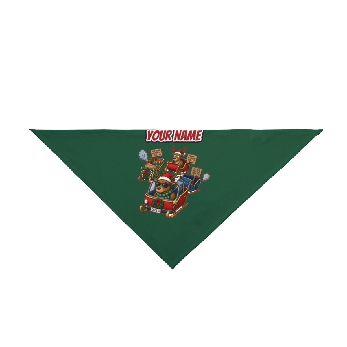 Sleigh Bells and Gridlock personalised Christmas pet bandana in green, tie-on style