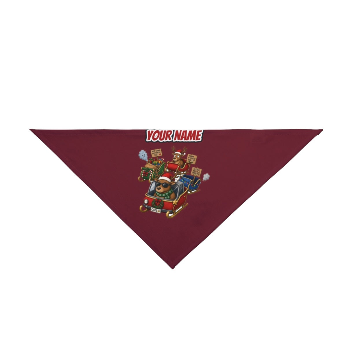 Sleigh Bells and Gridlock personalised Christmas pet bandana in maroon, tie-on style