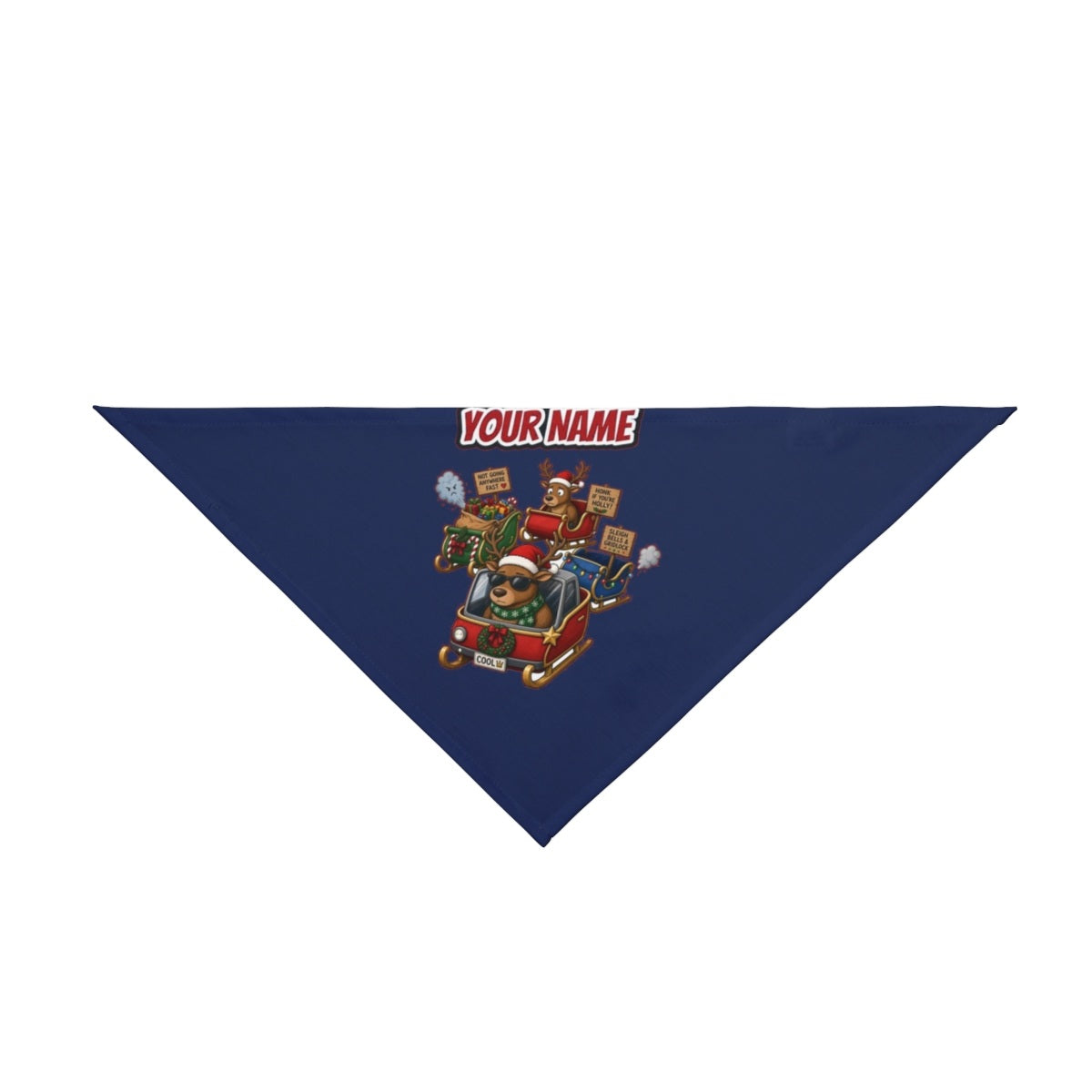 Sleigh Bells and Gridlock personalised Christmas pet bandana in navy, tie-on style