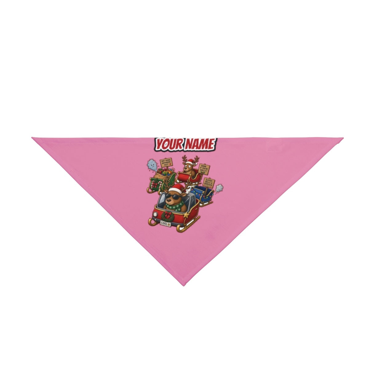 Sleigh Bells and Gridlock personalised Christmas pet bandana in pink, tie-on style