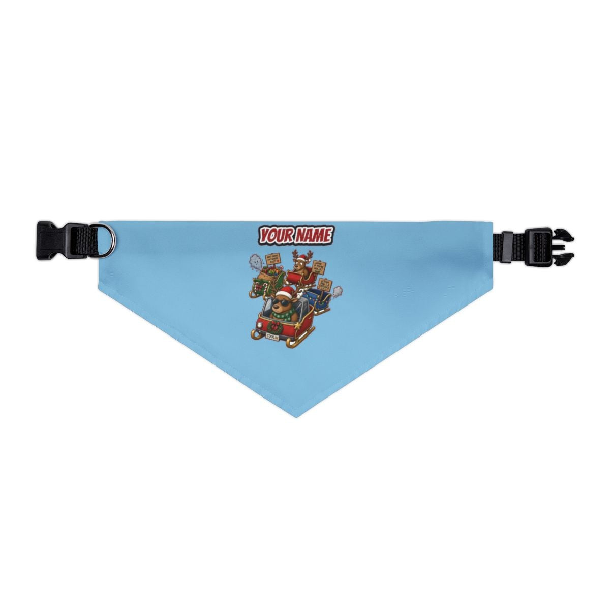 Sleigh Bells and Gridlock personalised Christmas pet bandana in sky blue, collar with buckle
