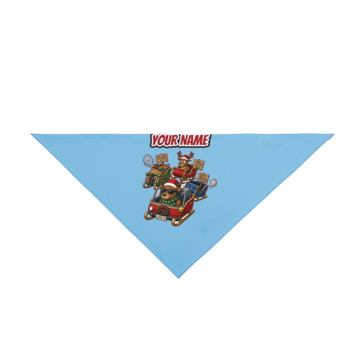 Sleigh Bells and Gridlock personalised Christmas pet bandana in sky blue, tie-on style