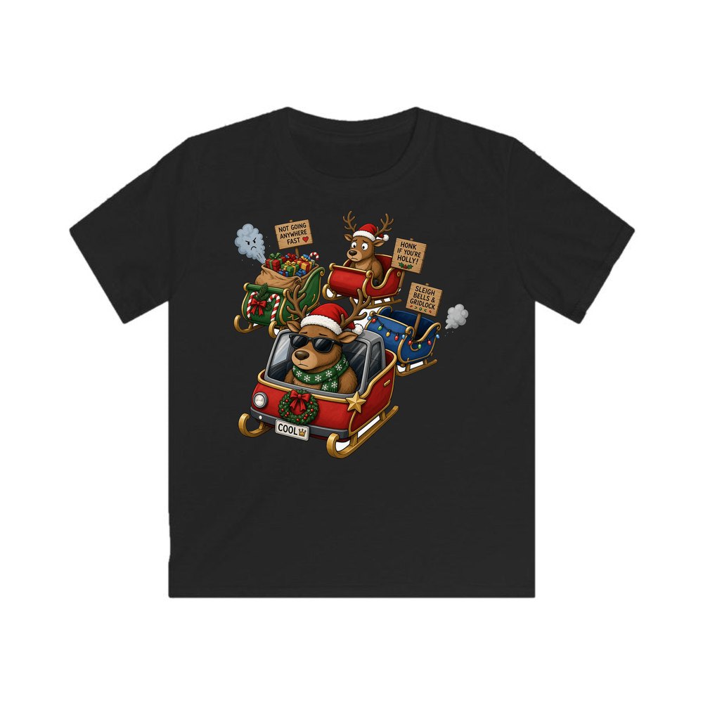 Sleigh Bells and Gridlock personalised kids Christmas tee in black