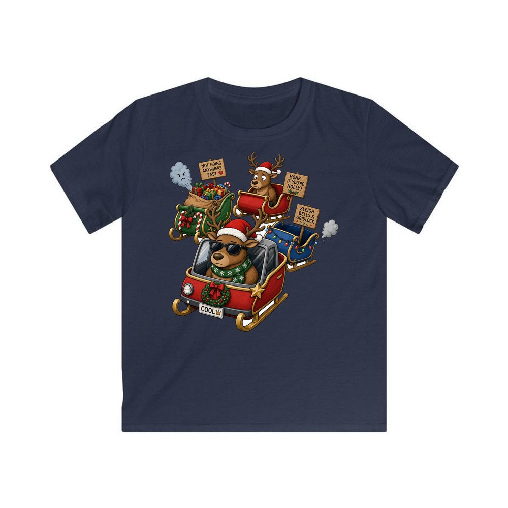 Sleigh Bells and Gridlock personalised kids Christmas tee in navy