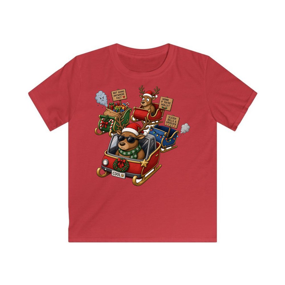 Sleigh Bells and Gridlock personalised kids Christmas tee in red