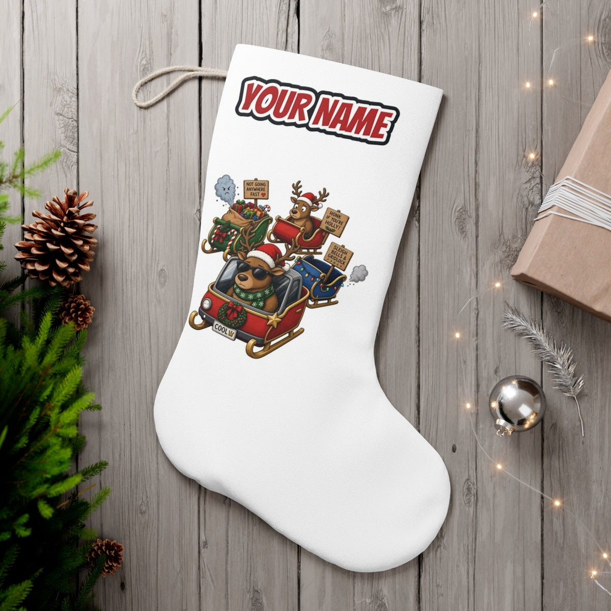 Sleigh Bells and Gridlock personalised Christmas stocking, white, with the name across the top