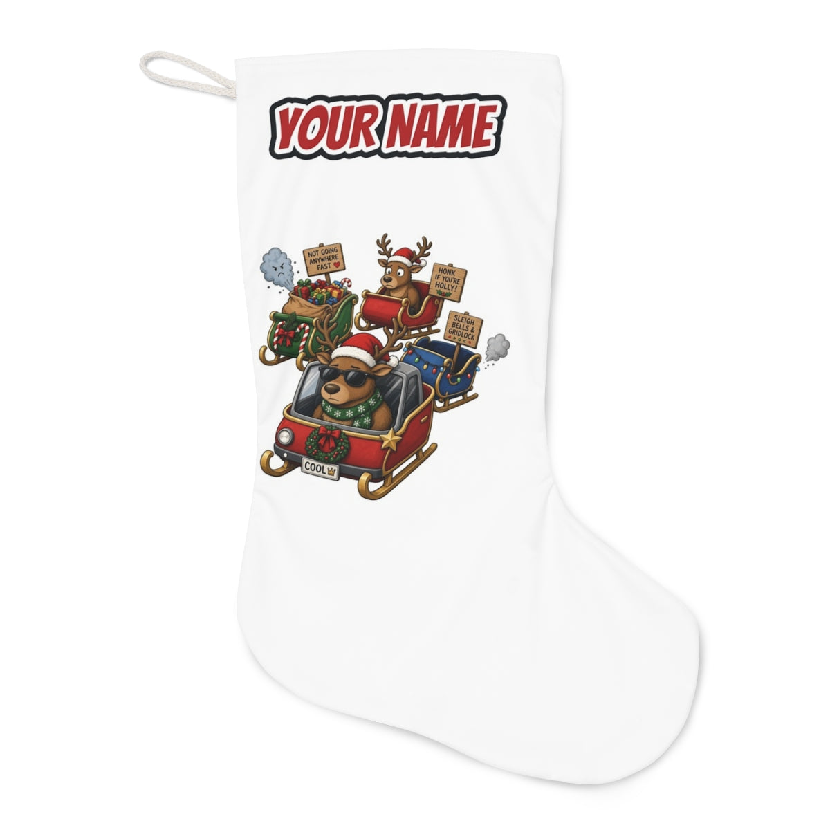 Sleigh Bells and Gridlock Christmas stocking laid flat, showing the full print