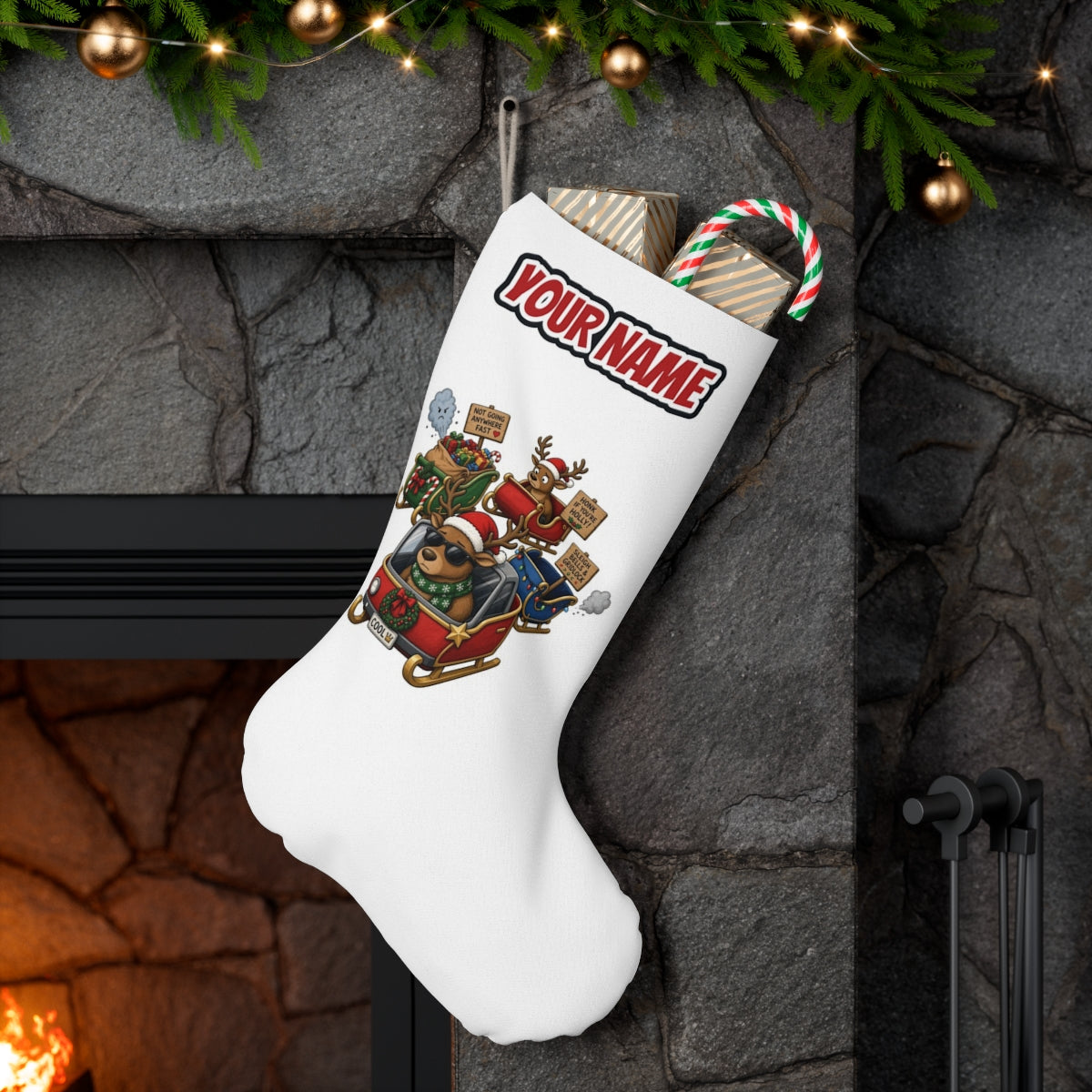 Sleigh Bells and Gridlock personalised Christmas stocking hanging on a mantel