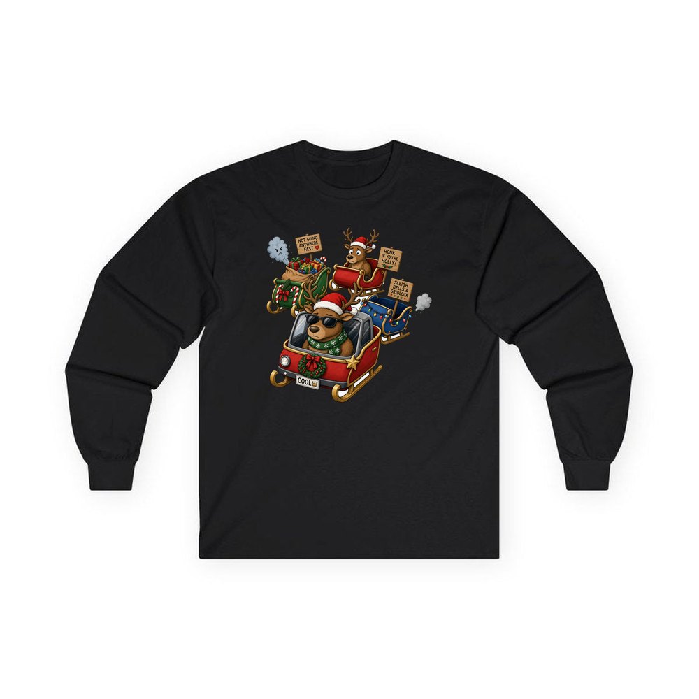 Sleigh Bells and Gridlock personalised long sleeve Christmas T-shirt in black
