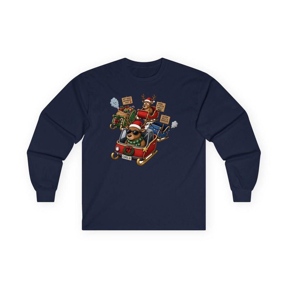 Sleigh Bells and Gridlock personalised long sleeve Christmas T-shirt in navy