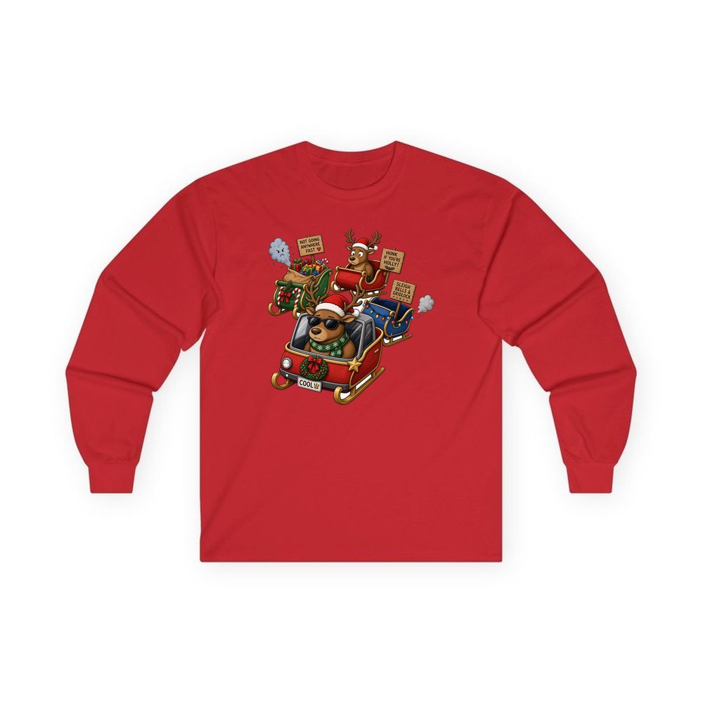 Sleigh Bells and Gridlock personalised long sleeve Christmas T-shirt in red