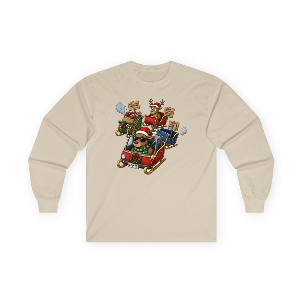 Sleigh Bells and Gridlock personalised long sleeve Christmas T-shirt in sand