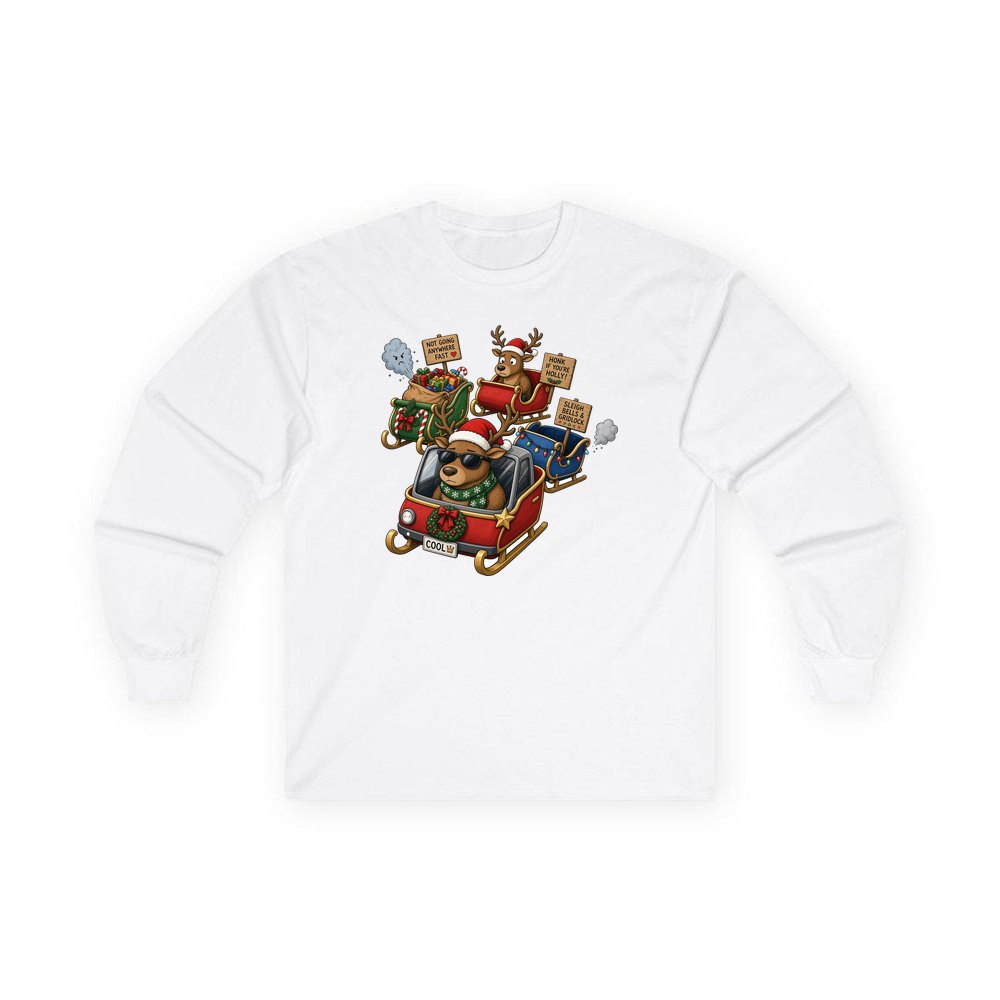 Sleigh Bells and Gridlock personalised long sleeve Christmas T-shirt in white
