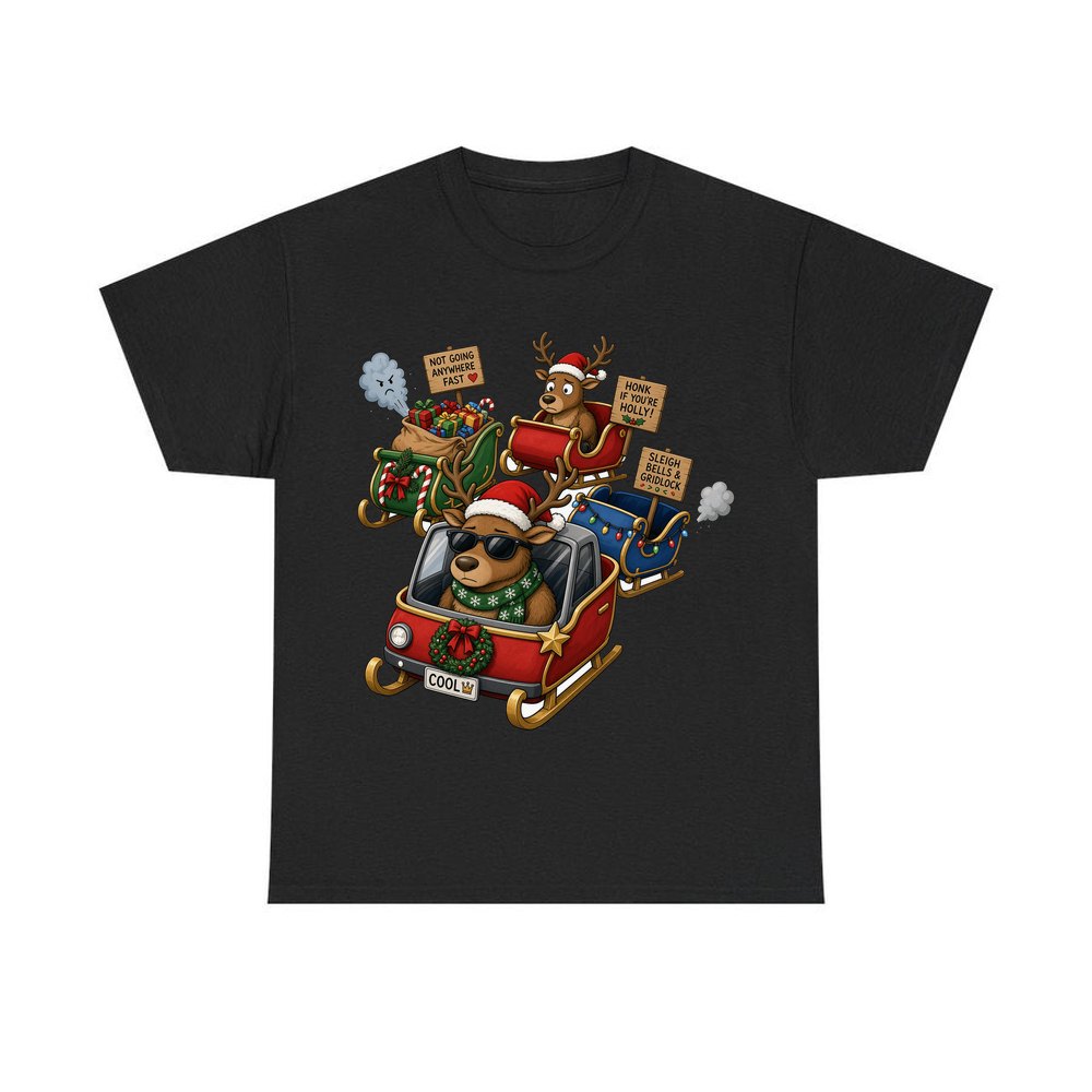 Sleigh Bells and Gridlock personalised Christmas T-shirt in black