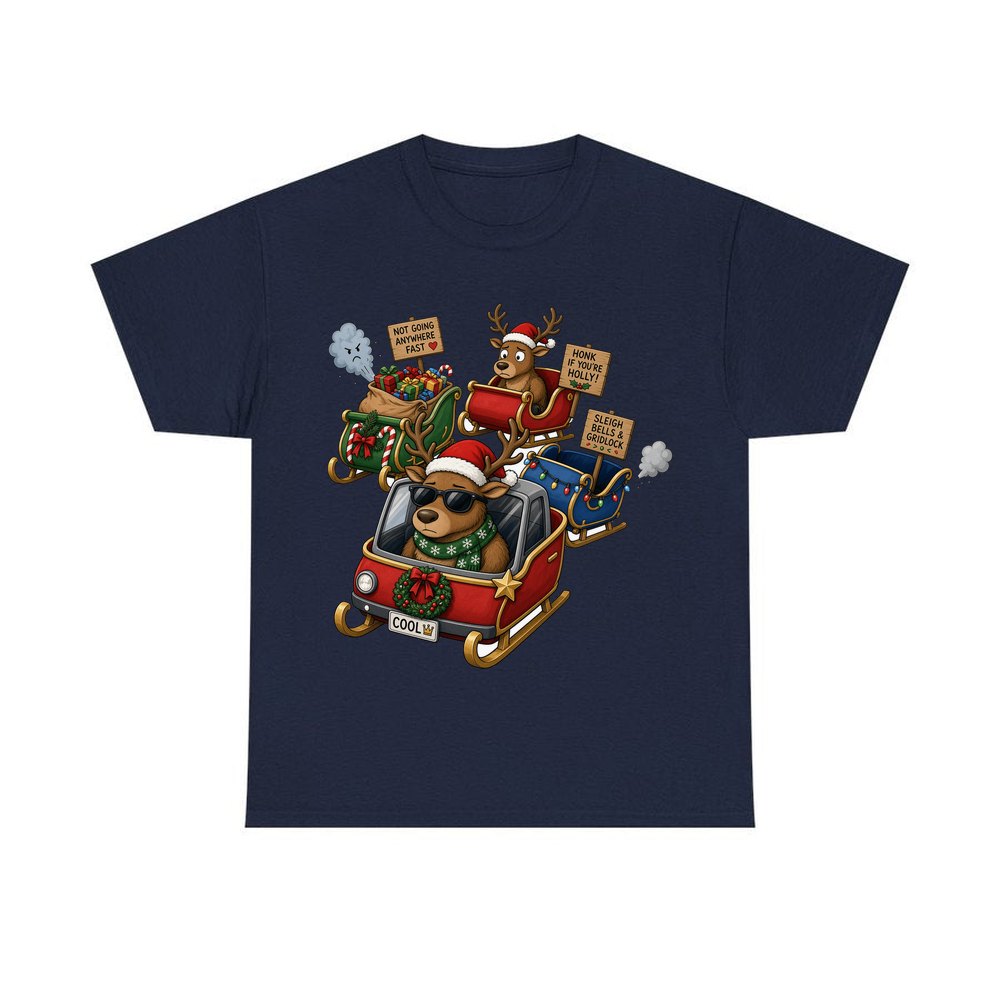 Sleigh Bells and Gridlock personalised Christmas T-shirt in navy