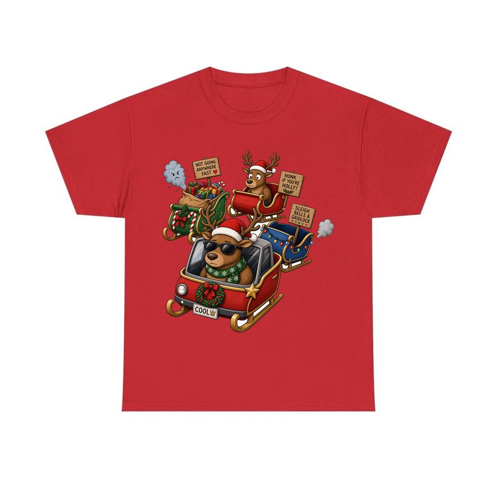 Sleigh Bells and Gridlock personalised Christmas T-shirt in red