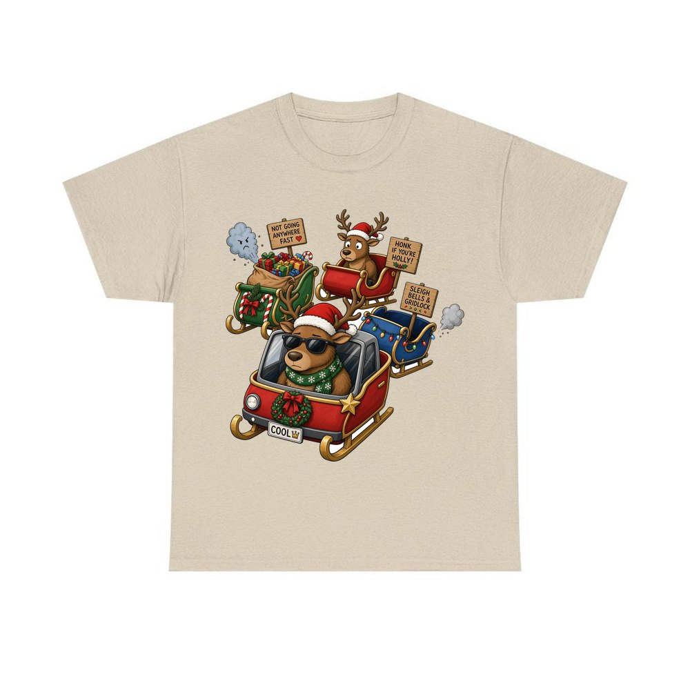 Sleigh Bells and Gridlock personalised Christmas T-shirt in sand