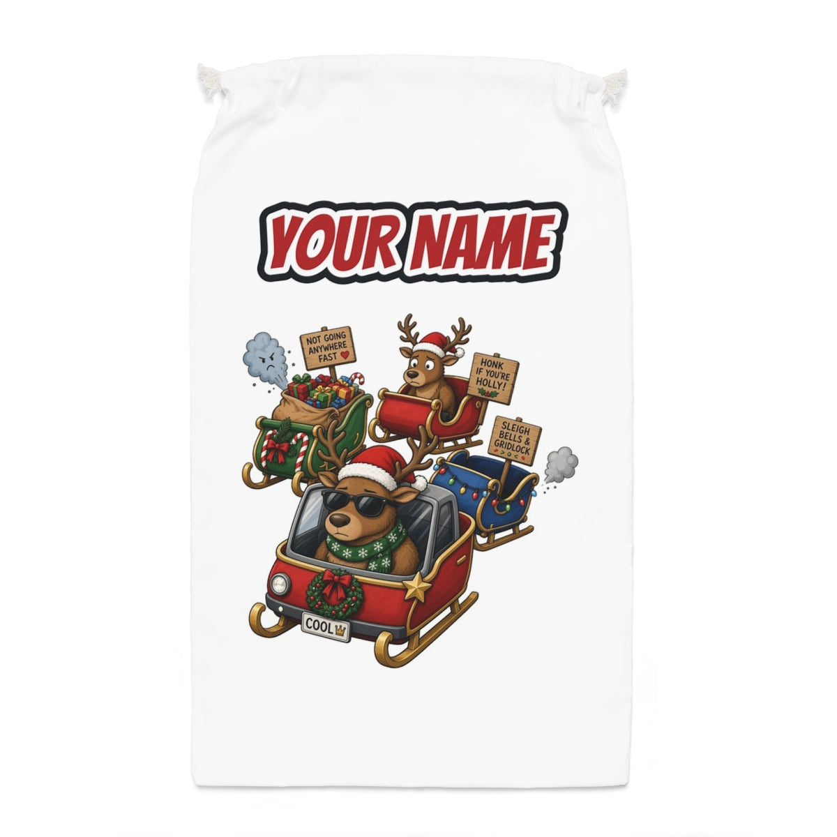 Sleigh Bells and Gridlock Santa sack laid flat, showing the full print