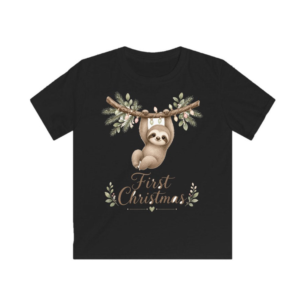 Sloth's First Christmas personalised kids Christmas tee in black