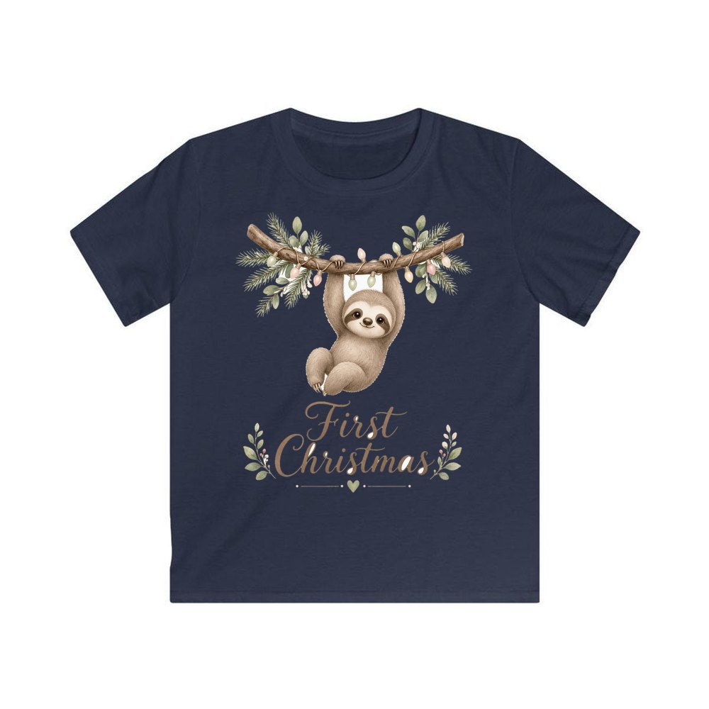 Sloth's First Christmas personalised kids Christmas tee in navy
