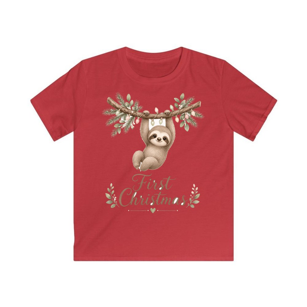 Sloth's First Christmas personalised kids Christmas tee in red