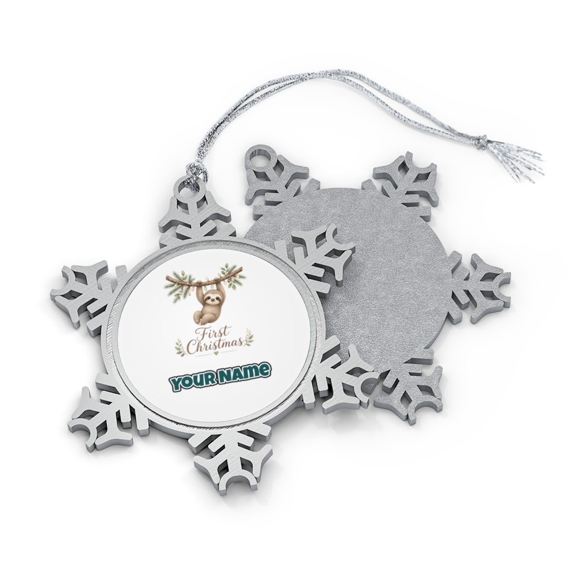 Sloth's First Christmas personalised pewter snowflake Christmas ornament, front and back, with a name under the design