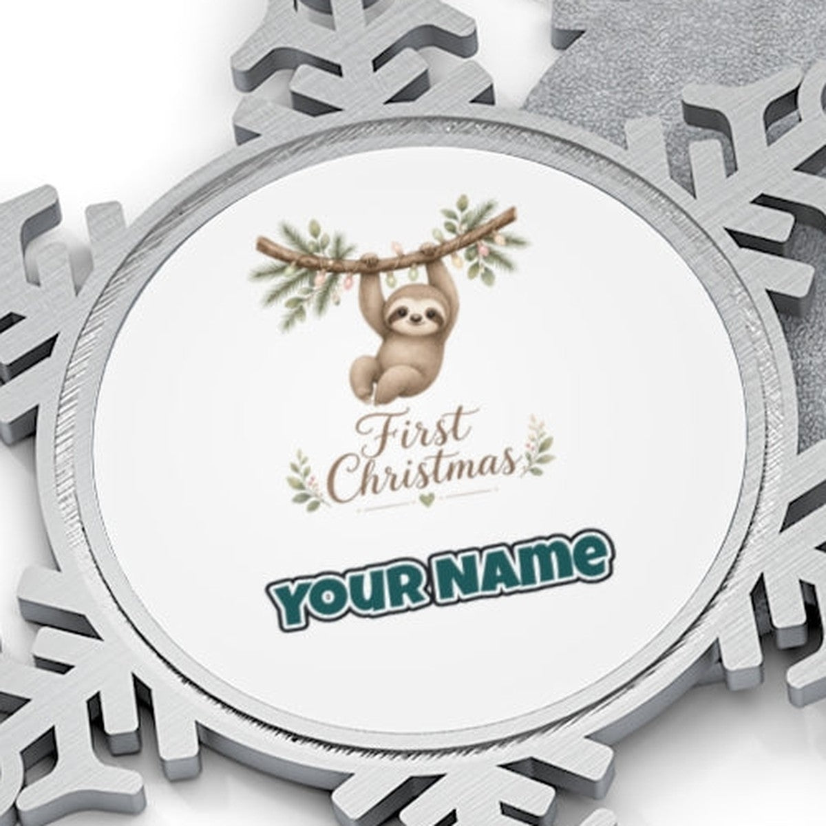 Sloth's First Christmas Personalised Pewter Christmas Ornament