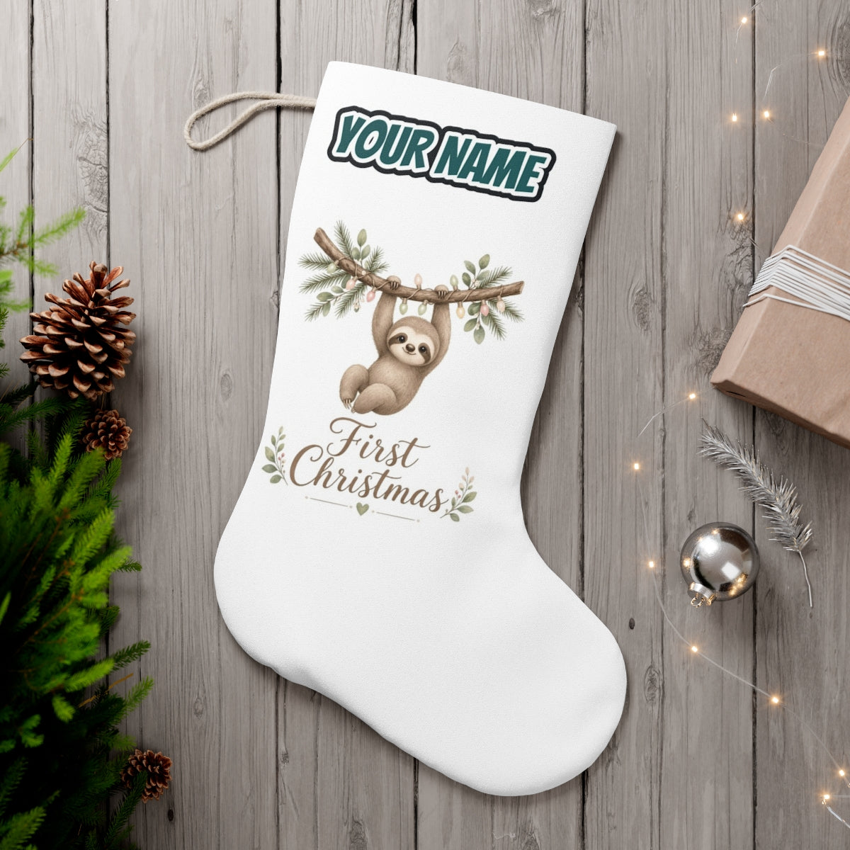 Sloth's First Christmas personalised Christmas stocking, white, with the name across the top