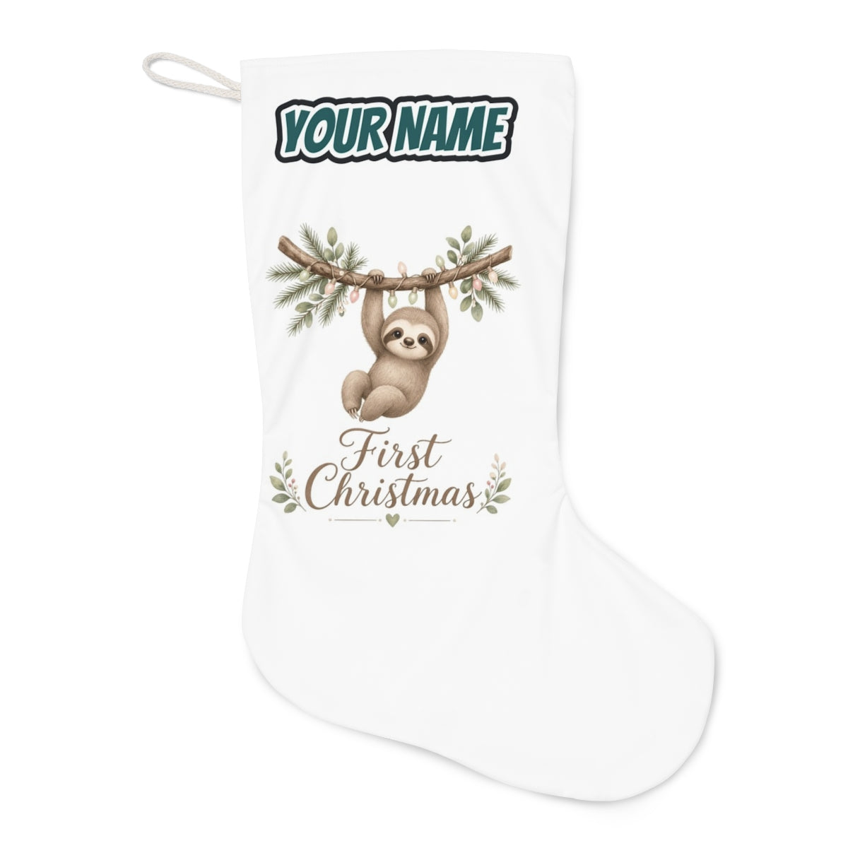 Sloth's First Christmas Christmas stocking laid flat, showing the full print