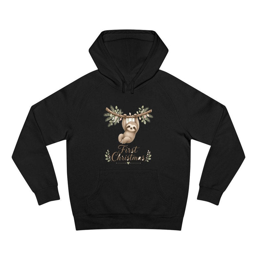Sloth's First Christmas personalised Christmas hoodie in black