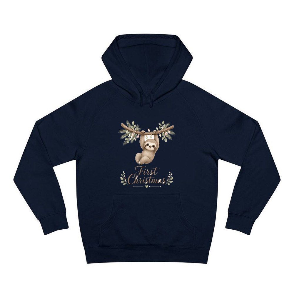 Sloth's First Christmas personalised Christmas hoodie in navy