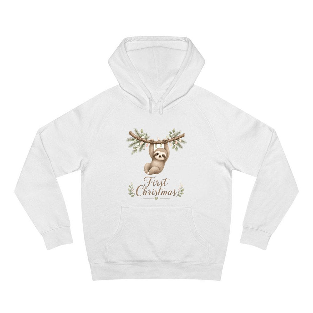Sloth's First Christmas personalised Christmas hoodie in white