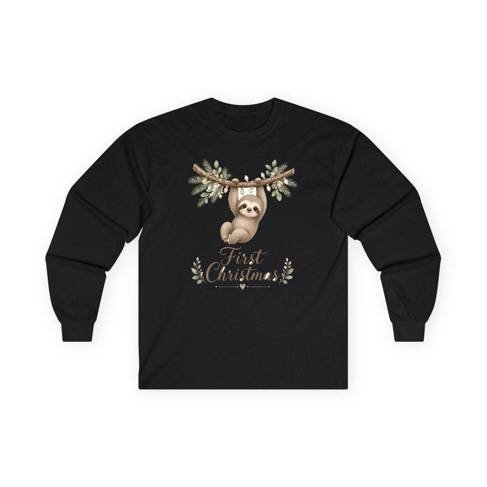 Sloth's First Christmas personalised long sleeve Christmas T-shirt in black
