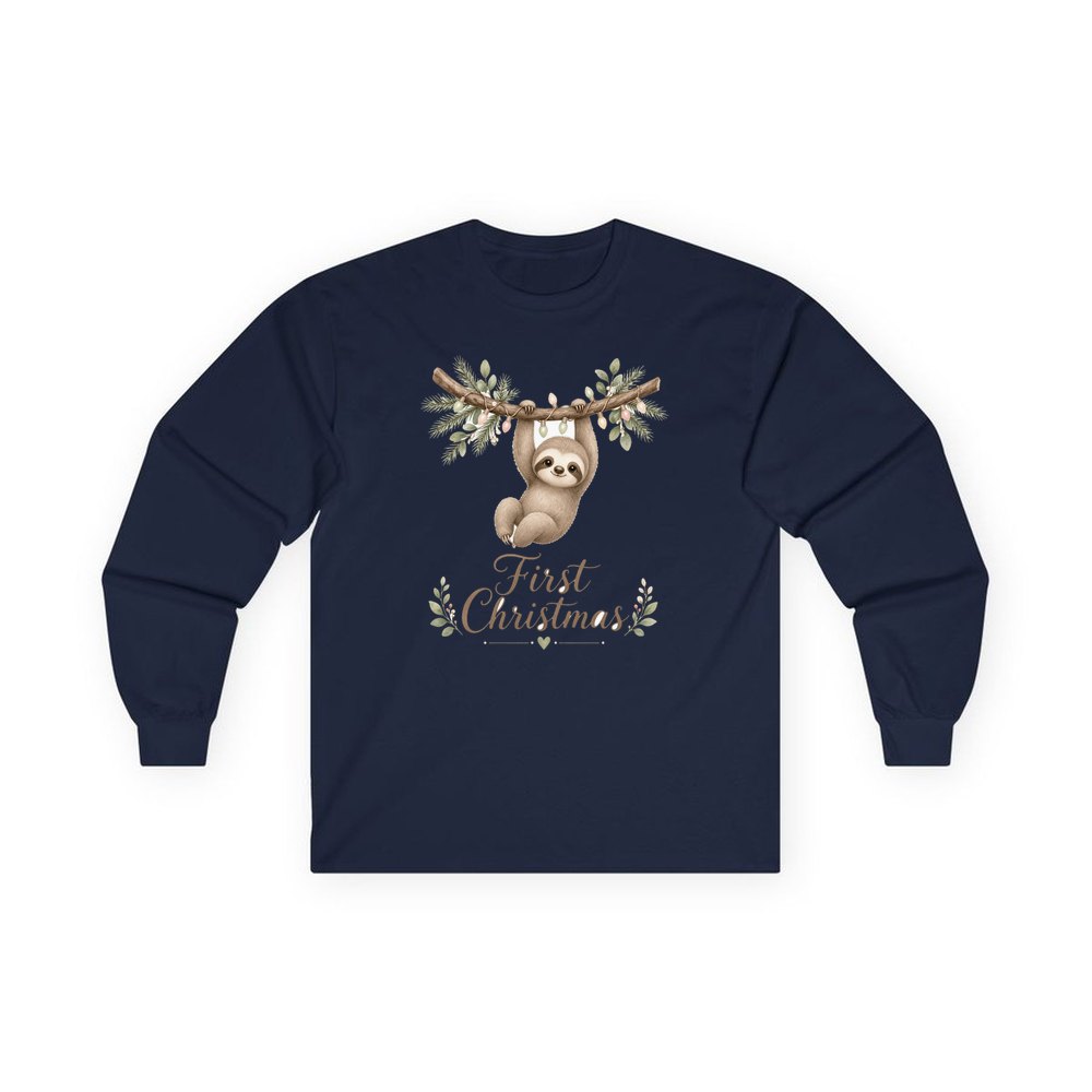 Sloth's First Christmas personalised long sleeve Christmas T-shirt in navy
