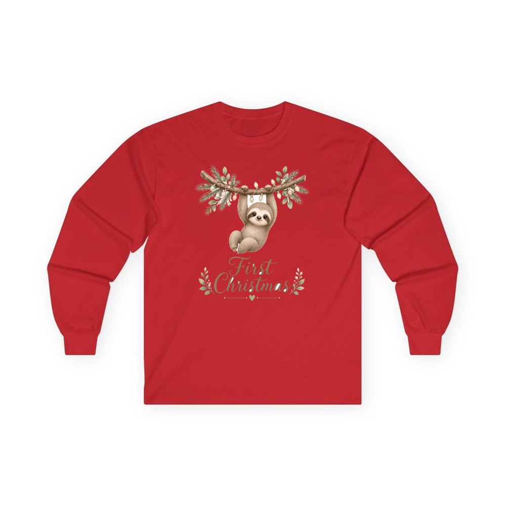 Sloth's First Christmas personalised long sleeve Christmas T-shirt in red