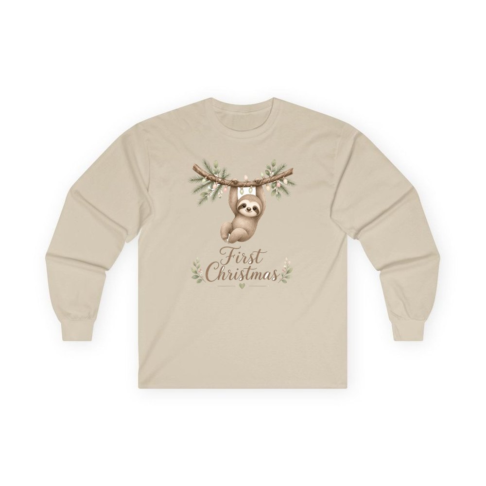 Sloth's First Christmas personalised long sleeve Christmas T-shirt in sand