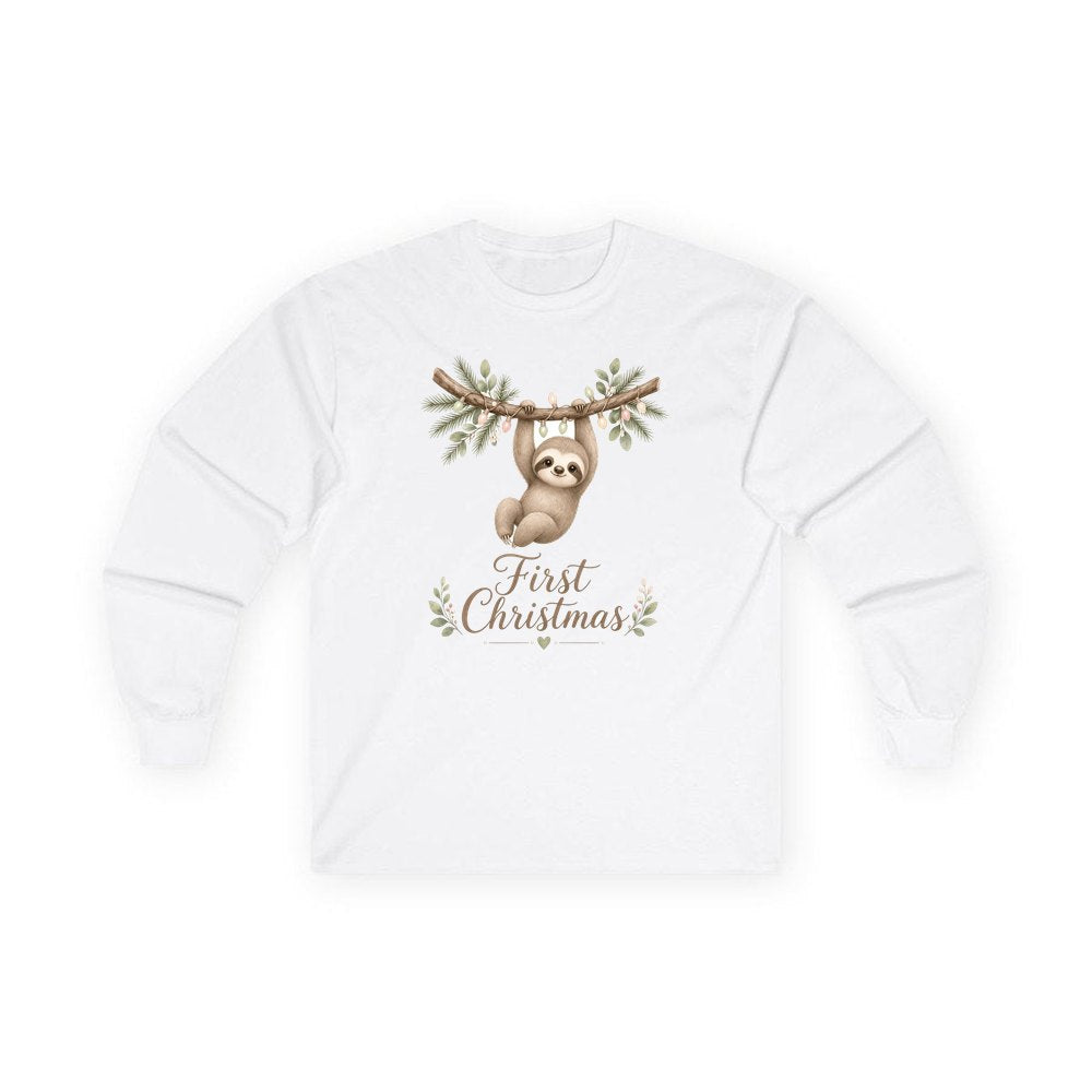 Sloth's First Christmas personalised long sleeve Christmas T-shirt in white