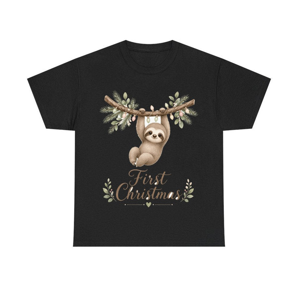 Sloth's First Christmas personalised Christmas T-shirt in black