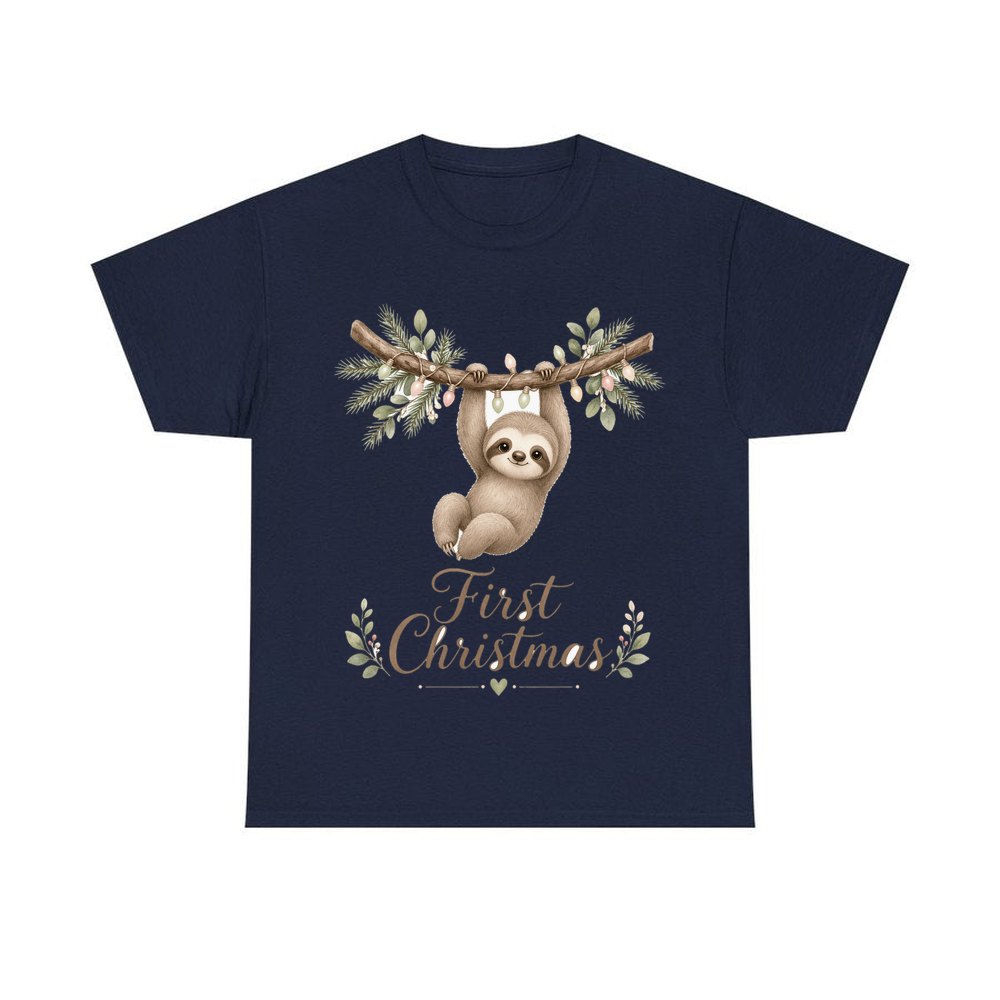 Sloth's First Christmas personalised Christmas T-shirt in navy