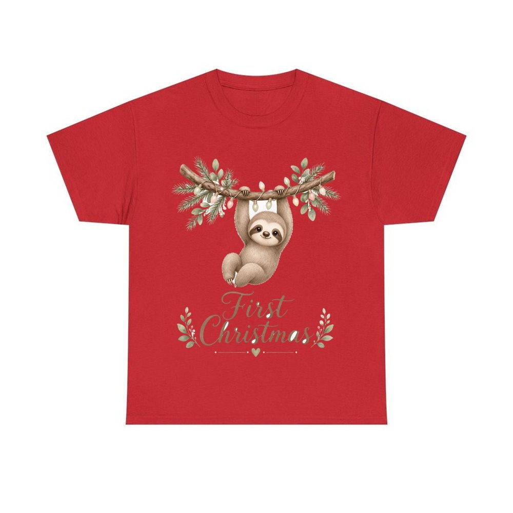 Sloth's First Christmas personalised Christmas T-shirt in red