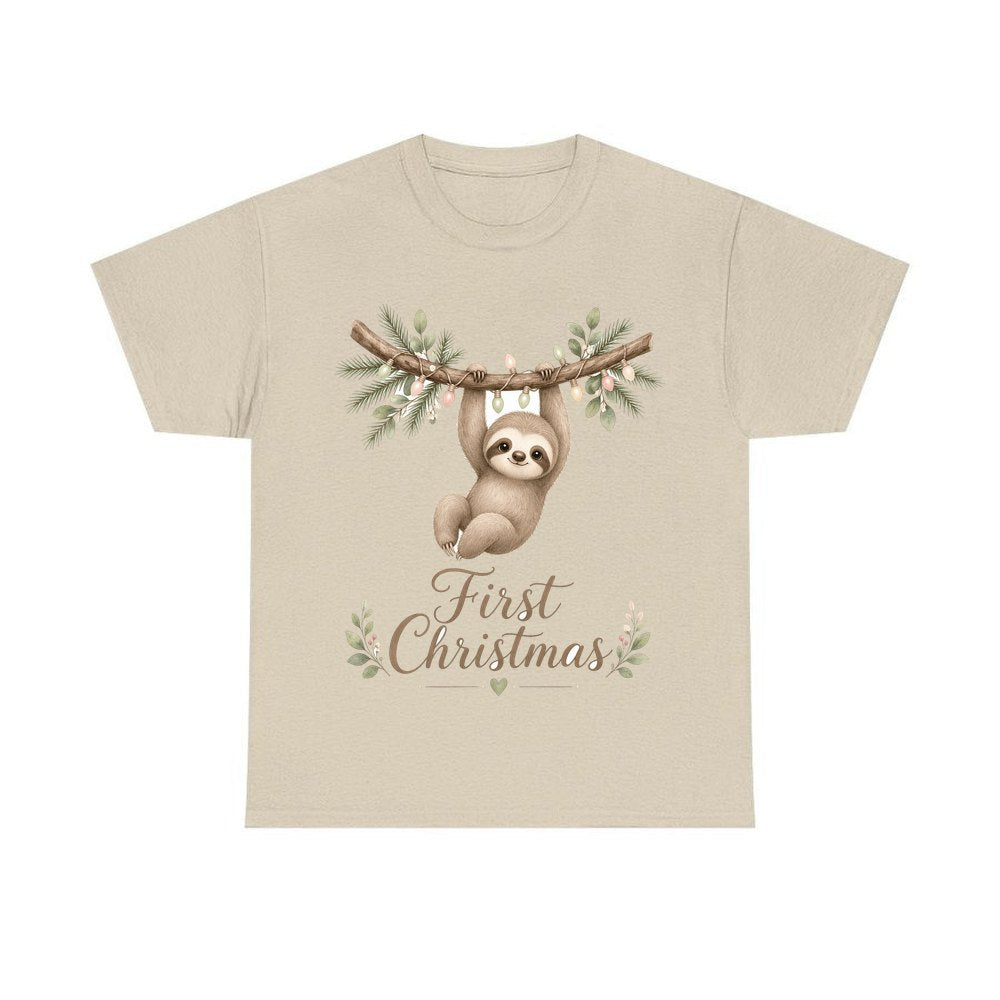 Sloth's First Christmas personalised Christmas T-shirt in sand
