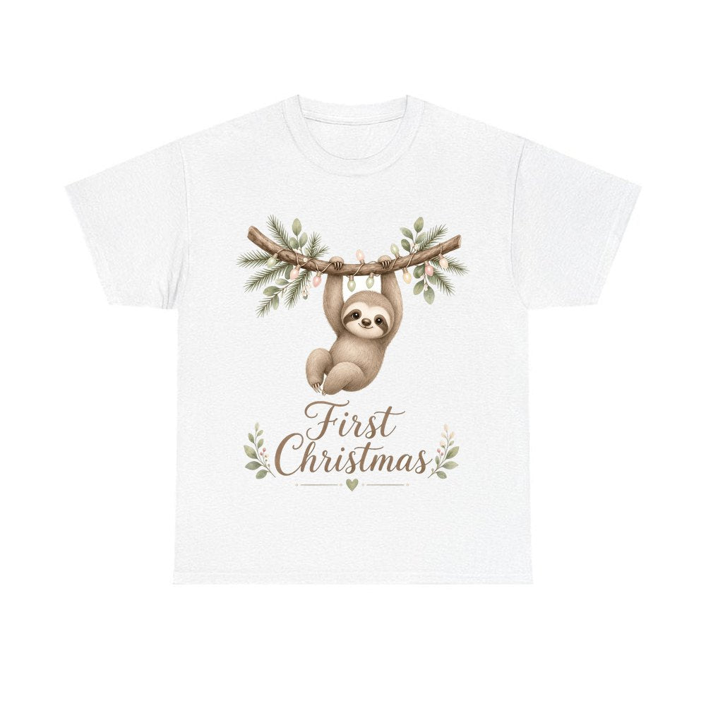 Sloth's First Christmas personalised Christmas T-shirt in white
