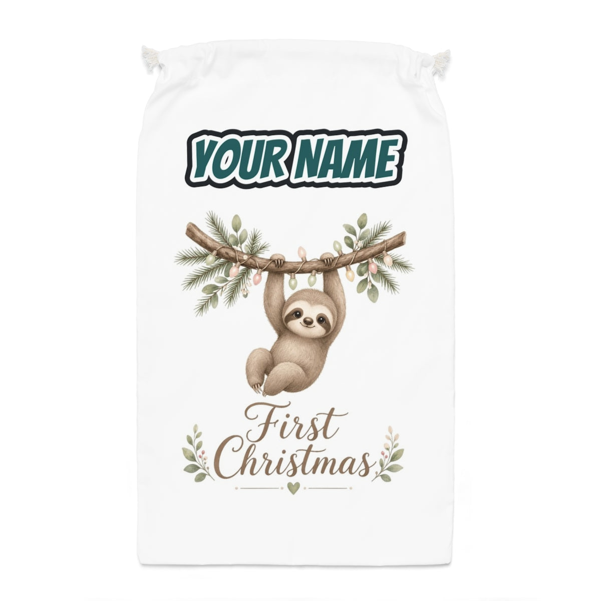 Sloth's First Christmas Santa sack laid flat, showing the full print