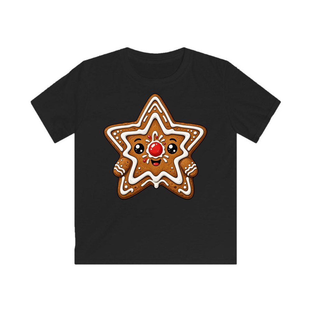 Smiling Gingerbread Star personalised kids Christmas tee in black