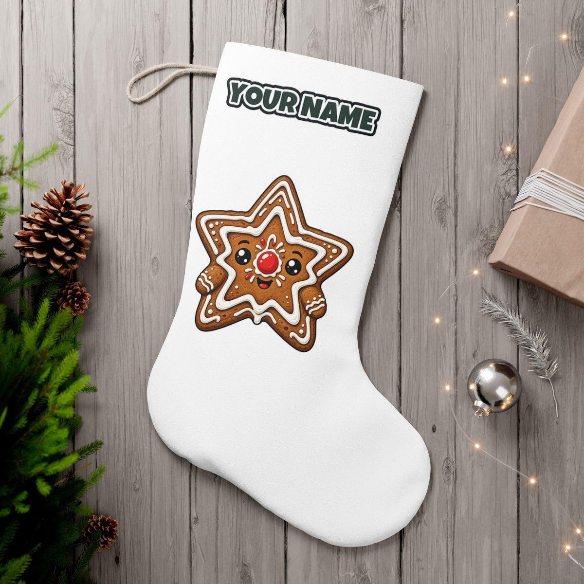 Smiling Gingerbread Star personalised Christmas stocking, white, with the name across the top