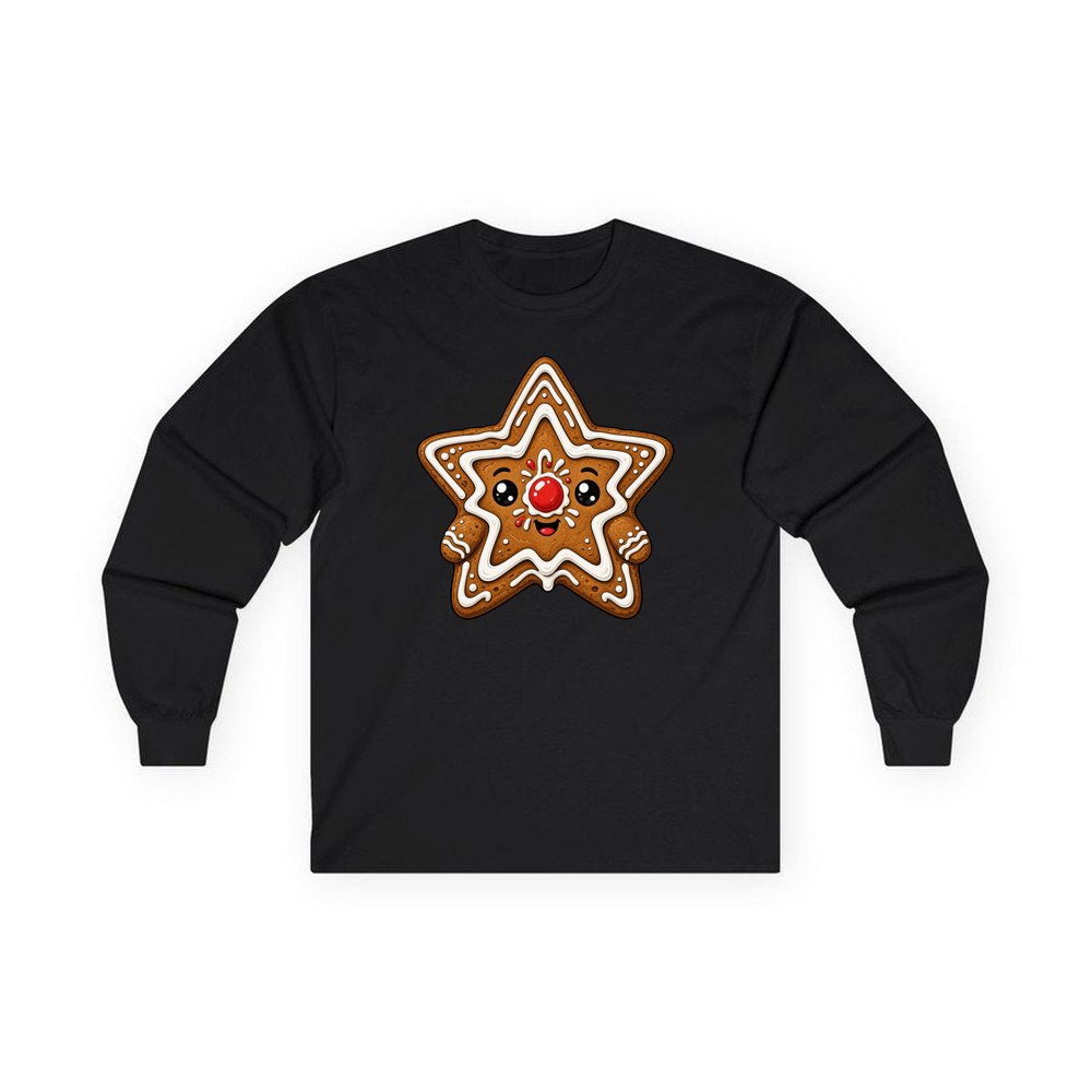 Smiling Gingerbread Star personalised long sleeve Christmas T-shirt in black